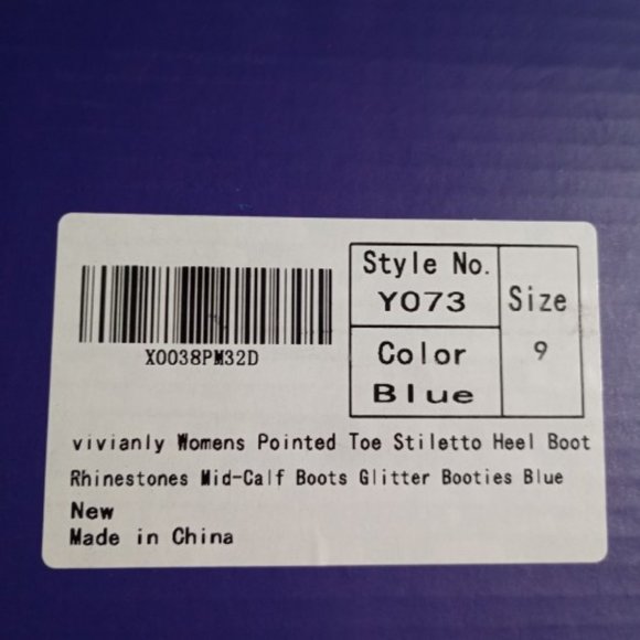 Vivianly Womens Pointed Toe Stiletto Heel Rhinestones Mid-Calf Boots Size 9 Blue - Picture 3 of 10
